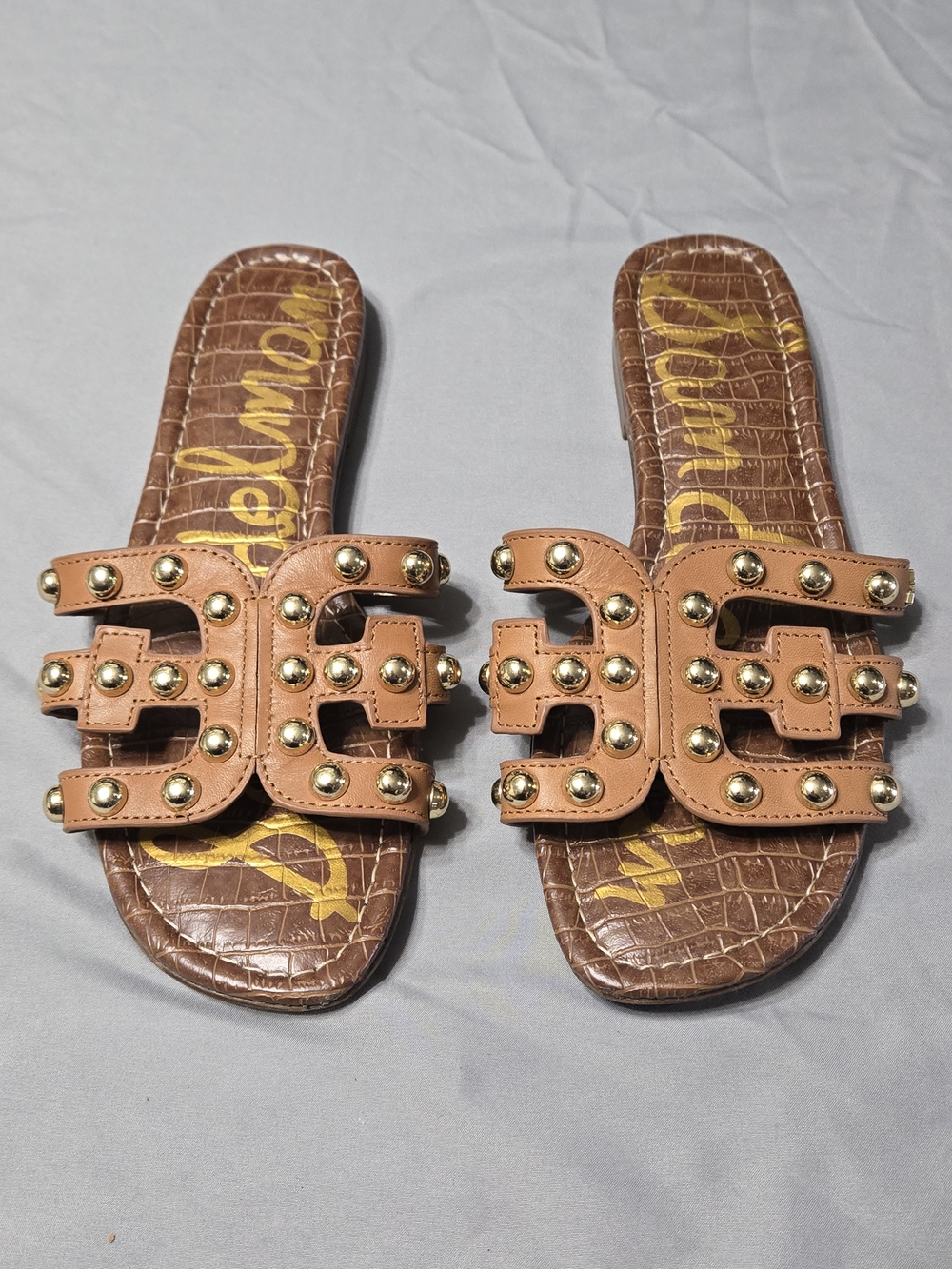 Sam Edelman Sz 9 Tan Leather Slide Sandals with Gold Studs